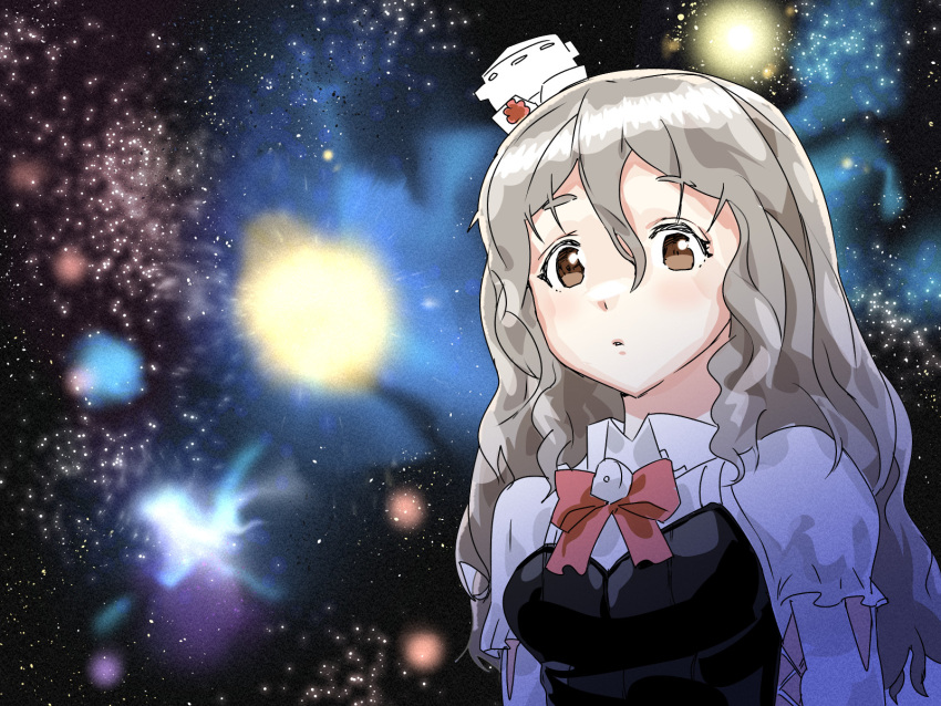 1girl bodice brown_eyes commentary_request grey_hair hat highres igarasy kantai_collection meme mini_hat nebula parody pola_(kancolle) shirt solo space space_cat_(meme) thick_eyebrows tilted_headwear upper_body wavy_hair white_shirt