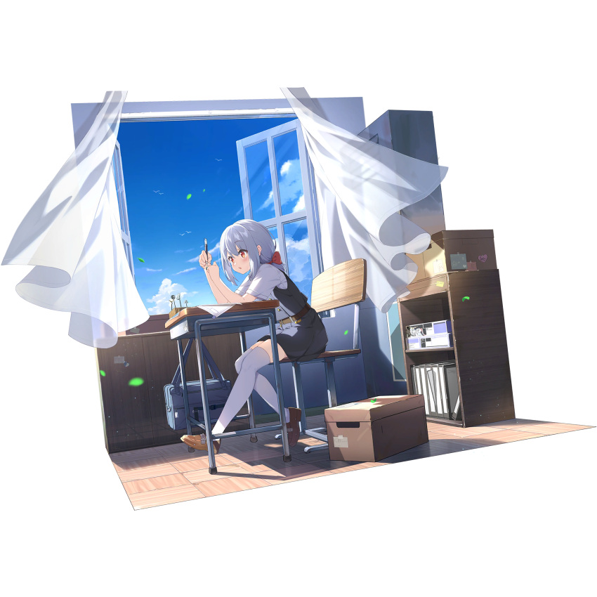 1girl bag bangs belt bonee_(girls'_frontline_nc) bow box cardboard_box curtains desk eyebrows_visible_through_hair full_body game_cg girls'_frontline_neural_cloud girls_frontline hair_bow highres holding holding_pen indoors loafers long_hair official_alternate_costume official_art on_chair open_mouth open_window pen red_bow red_eyes school_bag school_desk school_uniform shirt shoes short_sleeves sidelocks sitting skirt sky solo thigh-highs transparent_background white_legwear white_shirt window