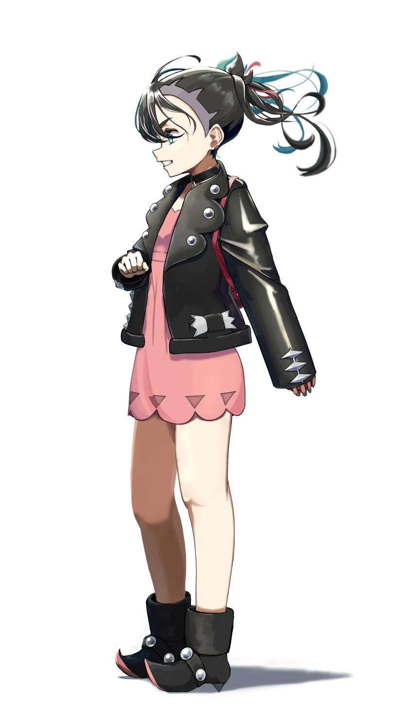 1girl absurdres ankle_boots backpack bag black_choker black_footwear black_hair black_jacket boots choker clenched_hand clenched_teeth commentary dress earrings from_side full_body green_eyes hair_ribbon highres jacket jewelry knees kun_(user_tmwh7453) long_sleeves marnie_(pokemon) open_clothes open_jacket pink_dress pokemon pokemon_(game) pokemon_swsh red_bag red_ribbon ribbon solo standing teeth