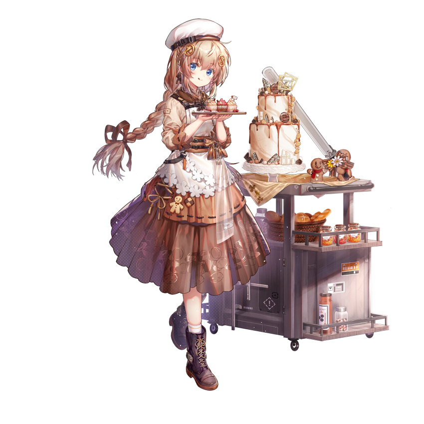 1girl :q apron baking_sheet basket birthday_cake blue_eyes blush boots bow braid braided_ponytail bread brown_dress brown_hair brown_ribbon cake cookie cupcake dress fnc_(girls'_frontline) food full_body game_cg gingerbread_man girls'_frontline_neural_cloud girls_frontline hair_ornament hair_ribbon hat highres holding holding_tray holding_weapon jam jar licking_lips long_hair looking_at_viewer official_art oven_mitts ribbon serving_cart smile solo sword tongue tongue_out transparent_background tray weapon