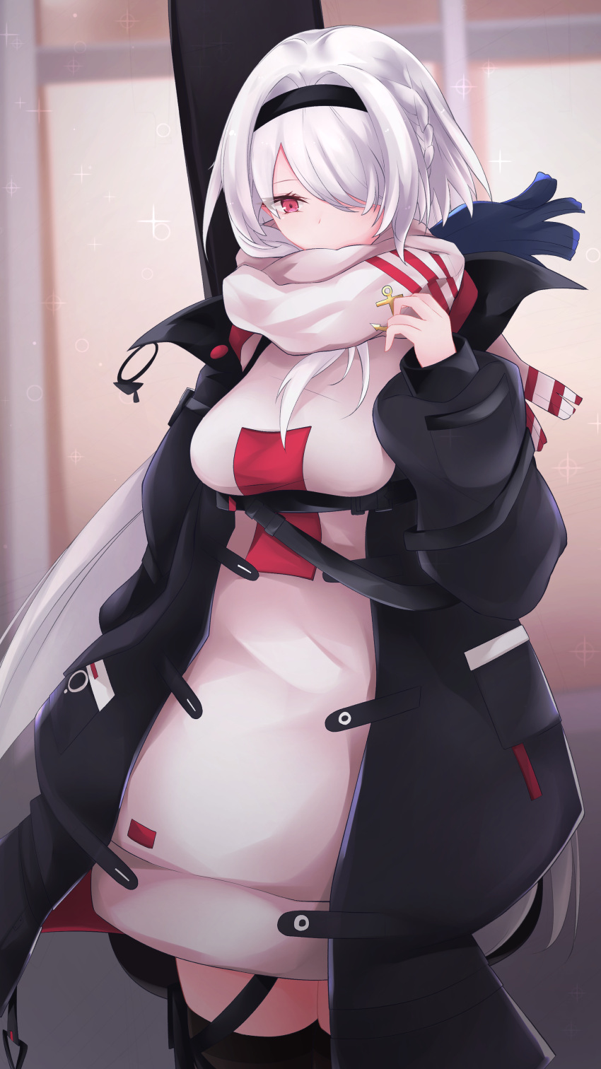 1girl absurdres anchor_ornament azur_lane black_coat black_hairband black_legwear breasts coat colorado_(azur_lane) colorado_(traveling_melody)_(azur_lane) guitar_case hairband highres instrument_case instrument_on_back long_hair medium_breasts official_alternate_costume one_eye_covered open_clothes open_coat osatou_(soul_of_sugar) red_eyes scarf scarf_over_mouth solo standing sweater thigh-highs very_long_hair white_hair white_scarf white_sweater
