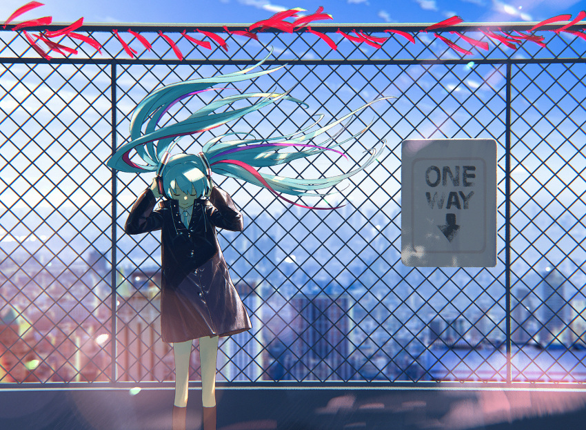 1girl ao_fujimori aqua_hair aqua_necktie arms_up arrow_(symbol) backlighting bangs black_coat black_legwear blue_hair blue_necktie blue_sky blurry blurry_background chain-link_fence chromatic_aberration cityscape closed_eyes closed_mouth coat day dot_nose english_text facing_viewer feet_out_of_frame fence floating_hair hands_on_headphones hatsune_miku head_down highres kneehighs lens_flare light_particles listening_to_music long_hair long_sleeves multicolored_hair muted_color necktie outdoors popped_collar rooftop scenery sign sky smile solo standing straight-on streaked_hair u_u vocaloid wide_shot wind wing_collar