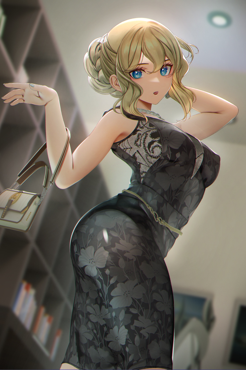 1girl absurdres bangs bare_shoulders black_dress blonde_hair blue_eyes blush braid braided_bun breasts dress floral_print highres jewelry large_breasts long_hair looking_at_viewer nanaken_nana necklace open_mouth original solo
