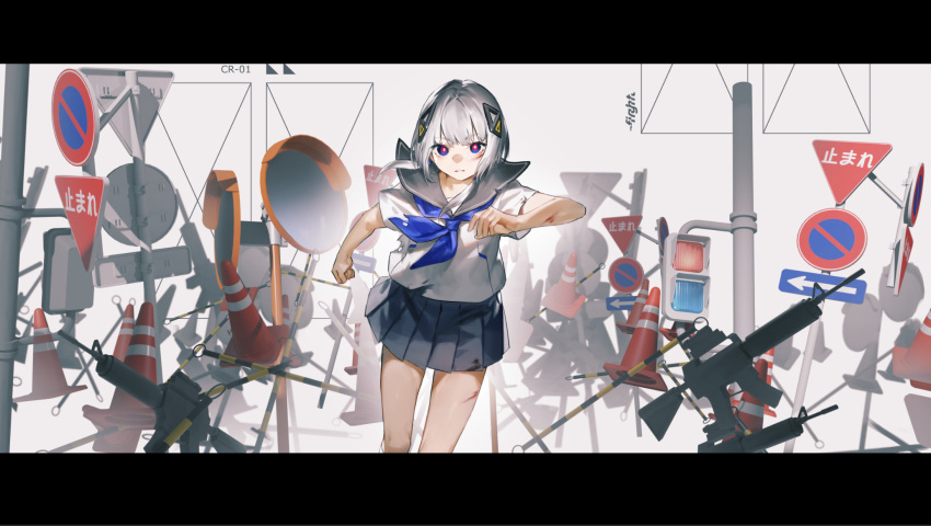 1girl assault_rifle black_skirt blood blood_on_face blue_eyes blue_neckerchief cevio commentary_request eyebrows_visible_through_hair feet_out_of_frame grey_sailor_collar gun hair_ornament highres ishida_(segu_ishida) kafu_(cevio) letterboxed looking_at_viewer multicolored_eyes neckerchief parted_lips pleated_skirt red_eyes rifle road_sign running sailor_collar school_uniform serafuku shirt short_hair short_sleeves sign silver_hair skirt solo traffic_cone traffic_light weapon white_shirt