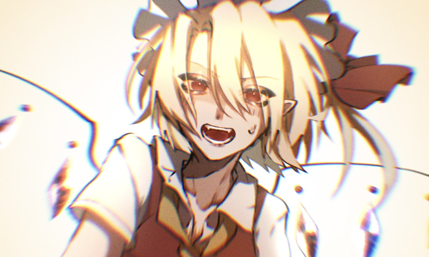 1girl bangs blonde_hair chromatic_aberration crystal fangs flandre_scarlet hair_between_eyes hat hat_ribbon hisu_(hisu_) looking_at_viewer mob_cap one_side_up open_mouth pointy_ears red_eyes red_ribbon red_vest ribbon shirt short_hair short_sleeves solo sweatdrop touhou upper_body vest white_background white_headwear white_shirt wings