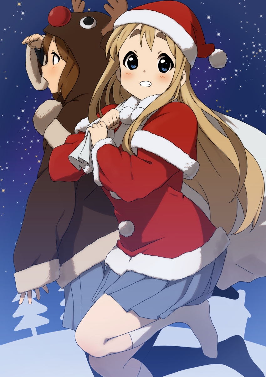 2girls absurdres animal_costume black_legwear blonde_hair blue_eyes blue_skirt blush brown_hair christmas commentary_request hat highres hirasawa_yui k-on! kicchi_(tmgk) kneehighs kotobuki_tsumugi long_hair long_sleeves looking_at_viewer multiple_girls night night_sky no_shoes open_mouth pleated_skirt profile reindeer_costume sack santa_costume santa_hat shading_eyes skirt sky sleeves_past_wrists smile snow tree white_legwear