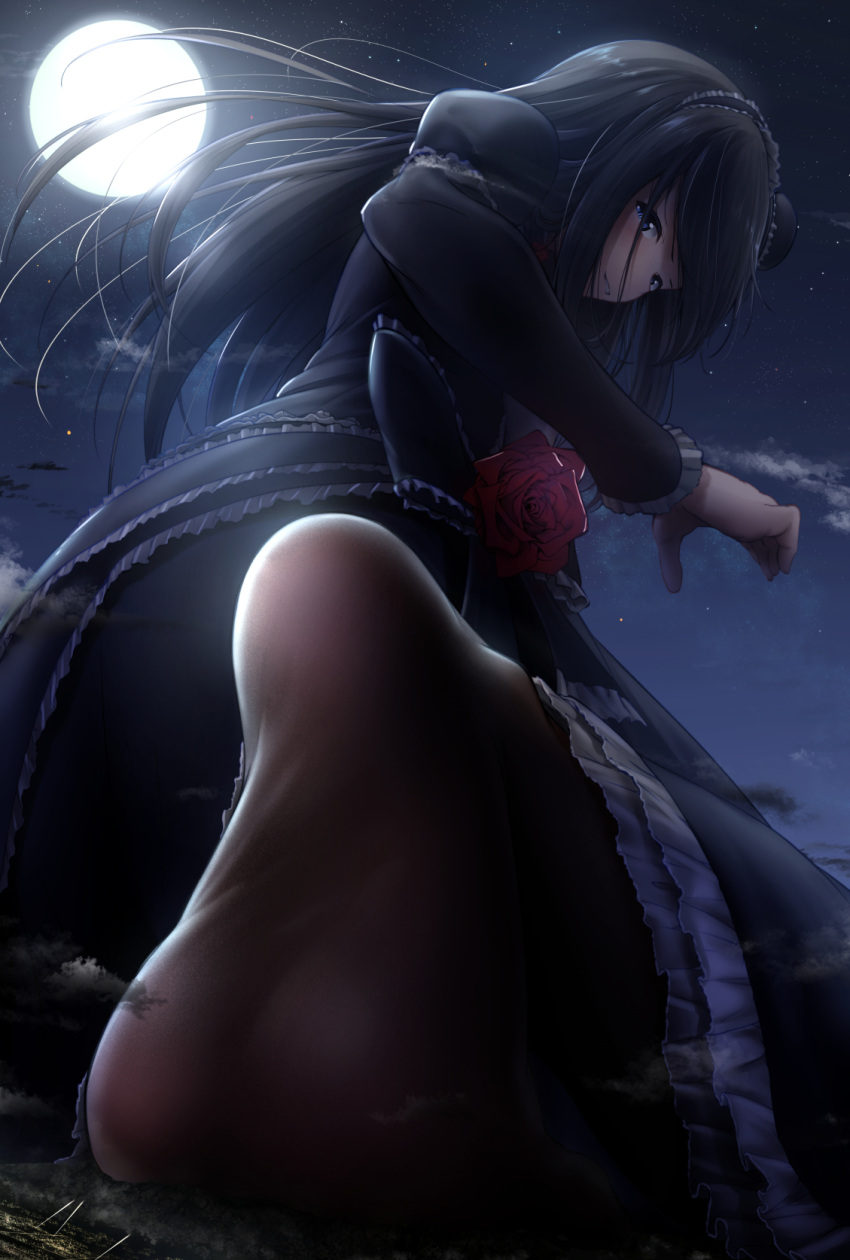 1girl bangs black_bow black_dress black_legwear blue_eyes bow city clouds cloudy_sky commentary_request destruction doregusu dress dutch_angle feet flower frilled_dress frilled_hairband frills giant giantess gothic_lolita hairband hand_up highres juliet_sleeves kneeling lolita_fashion long_dress long_hair long_sleeves looking_at_viewer looking_back looking_down moon night night_sky original pantyhose parted_lips puffy_sleeves rose shadow shiny shiny_clothes shiny_hair sky smile soles solo star_(sky) starry_sky