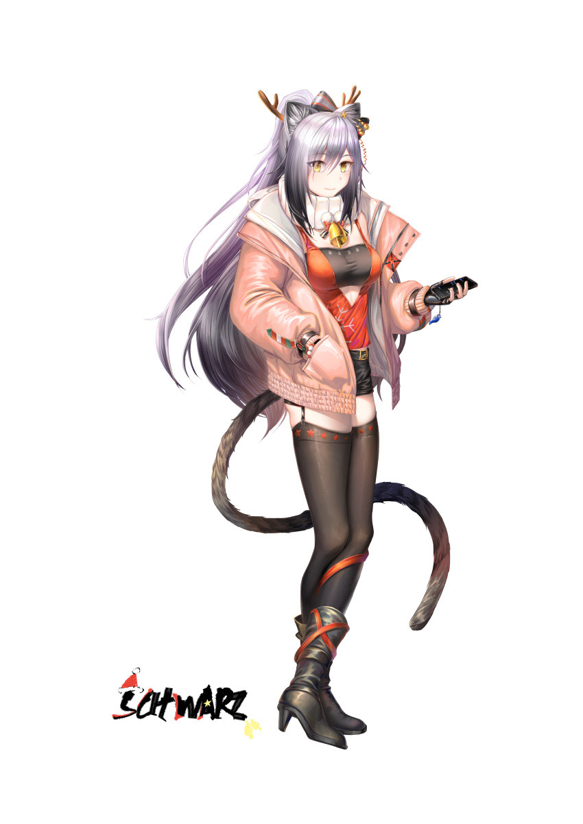 1girl absurdres airysher animal_ears antlers arknights bandeau bangs black_footwear black_legwear black_shorts boots cat_ears cat_tail eyebrows_visible_through_hair fake_antlers full_body garter_straps hand_in_pocket high_heel_boots high_heels highres holding jacket long_hair long_sleeves looking_at_viewer official_alternate_costume open_clothes open_jacket pink_jacket red_shirt schwarz_(arknights) schwarz_(presents)_(arknights) shirt short_shorts shorts silver_hair simple_background smile solo standing strapless tail thigh-highs thighs tube_top very_long_hair white_background yellow_eyes