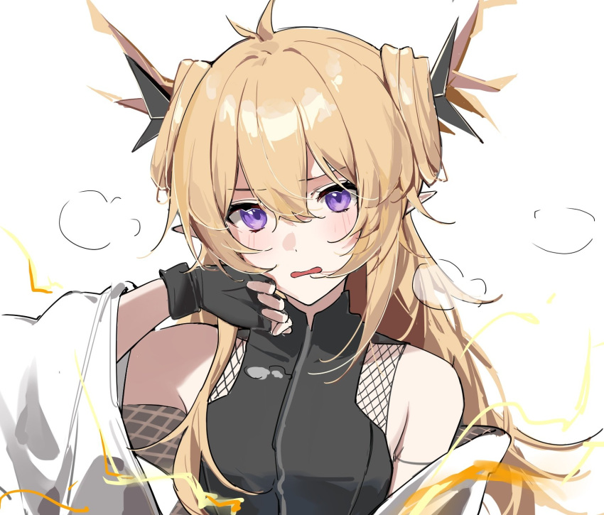 1girl arknights armpit_crease bangs bare_shoulders blonde_hair blush fingerless_gloves gloves hand_on_own_face highres horns joshua_(shisanli934) leizi_(arknights) long_hair off_shoulder parted_lips pointy_ears sleeveless solo steam violet_eyes