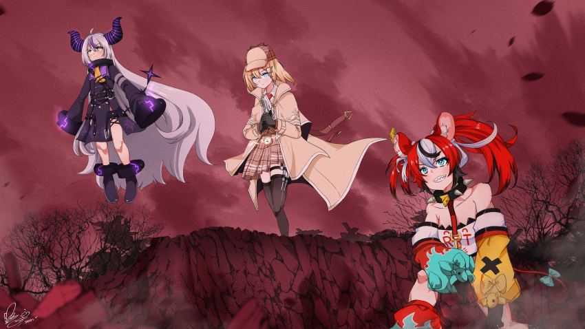 3girls absurdres ahoge animal_ears bangs black_hair blonde_hair blue_eyes braid capelet clouds collar demon_horns detective dice_hair_ornament eyebrows_visible_through_hair floating hair_between_eyes hair_ornament hakos_baelz highres hololive hololive_english horns la+_darknesss long_hair long_sleeves monocle_hair_ornament mouse_ears mouse_girl mouse_tail multicolored_hair multiple_girls necktie pointy_ears purple_hair redhead shirt short_hair silver_hair sky sleeves_past_fingers sleeves_past_wrists spiked_collar spikes streaked_hair striped_horns syringe tail thigh-highs tree twintails very_long_hair virtual_youtuber watson_amelia white_hair white_shirt yellow_eyes zikryzero