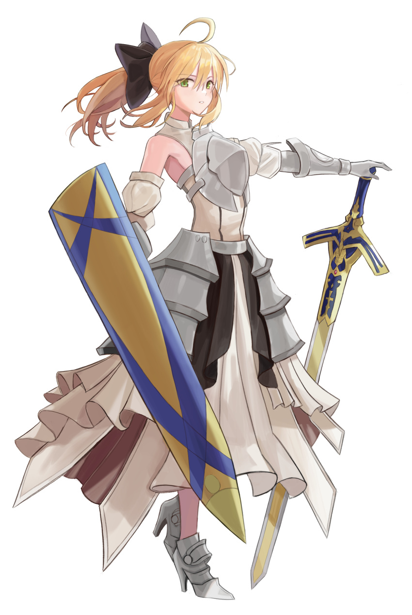 1girl armor armored_dress avalon_(fate/stay_night) bare_shoulders black_legwear blonde_hair boots bow caliburn detached_collar detached_sleeves fakey fate/grand_order fate/stay_night fate/unlimited_codes fate_(series) floral_background gauntlets green_eyes hair_bow highres holding holding_sword holding_weapon knee_boots looking_at_viewer navel ponytail raised_hand saber saber_lily skirt smile solo standing sword thigh-highs weapon white_background zettai_ryouiki