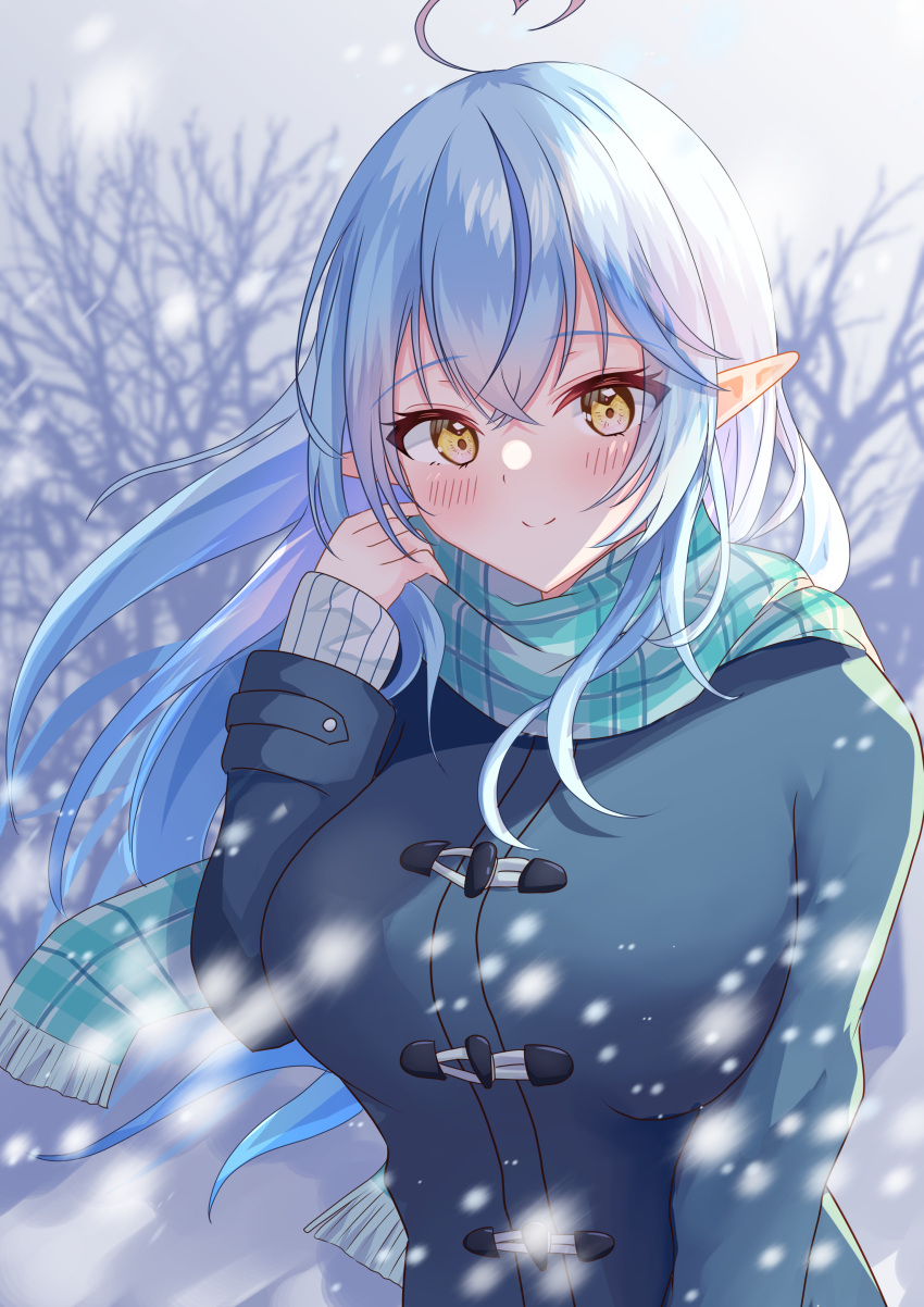 1girl absurdres adjusting_scarf ahoge aqua_scarf bangs bare_tree blue_coat blue_hair blush breasts coat crossed_bangs duffel_coat elf floating_hair hand_up heart_ahoge highres hololive large_breasts long_hair long_sleeves looking_at_viewer motion_blur nature onabe_no_shime plaid plaid_scarf pointy_ears scarf smile snowing solo toggles tree upper_body virtual_youtuber wind winter winter_clothes winter_coat yellow_eyes yukihana_lamy