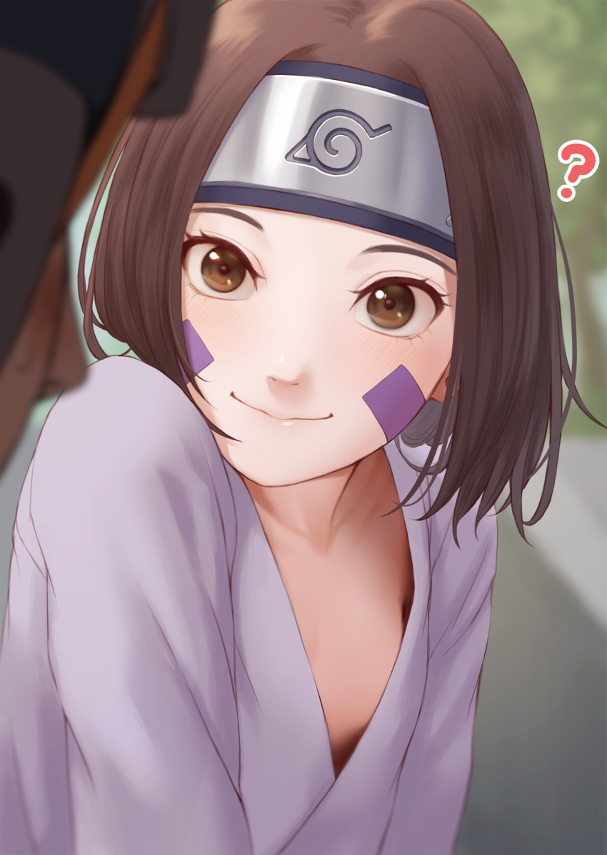 1boy 1girl ? bangs blurry blurry_background blush brown_eyes brown_hair collarbone forehead_protector highres konohagakure_symbol looking_at_viewer mil_k_vanilla naruto naruto_(series) nohara_rin parted_bangs short_hair smile solo_focus uchiha_obito