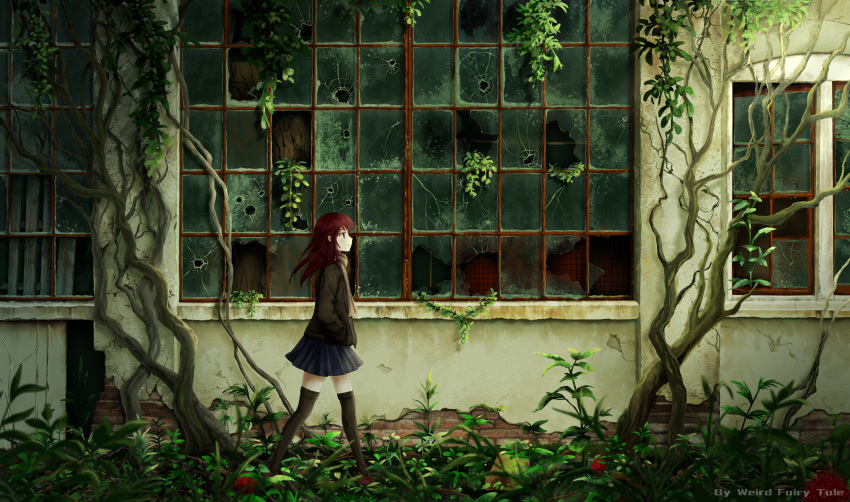 1girl absurdres bangs black_jacket blue_eyes blue_skirt brick_wall broken_glass brown_footwear cargo_pallet english_text frown full_body glass guiyi_tonghua highres ivy jacket leaf long_hair looking_ahead open_mouth original plant pleated_skirt redhead scarf scenery shoes skirt smile solo standing thigh-highs vines walking warehouse watermark window zettai_ryouiki