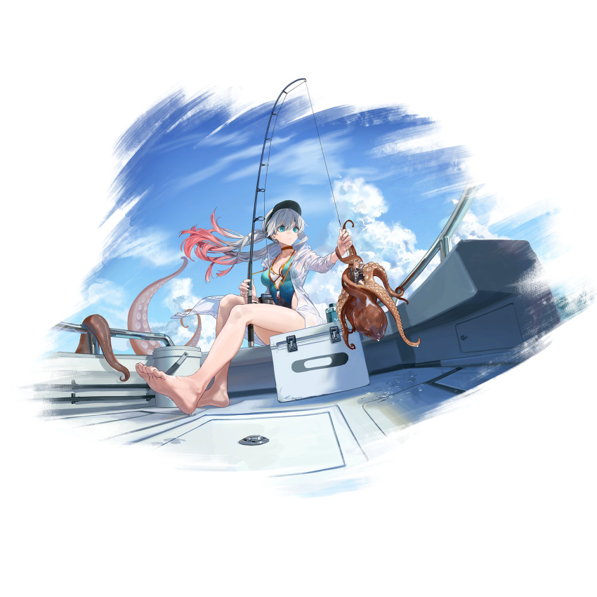 1girl barefoot blue_eyes blue_swimsuit boat breasts bucket character_doll choker clouds cloudy_sky dripping fishing_rod full_body game_cg girls'_frontline_neural_cloud girls_frontline gradient_hair hair_between_eyes highres hood hood_down hooded_jacket jacket lwmmg_(girls'_frontline) medium_breasts multicolored_hair octopus official_alternate_costume official_art one-piece_swimsuit outdoors persicaria_(girls'_frontline_nc) pink_hair see-through see-through_jacket sitting sky solo swimsuit tentacles transparent_background twintails visor_cap watercraft white_hair