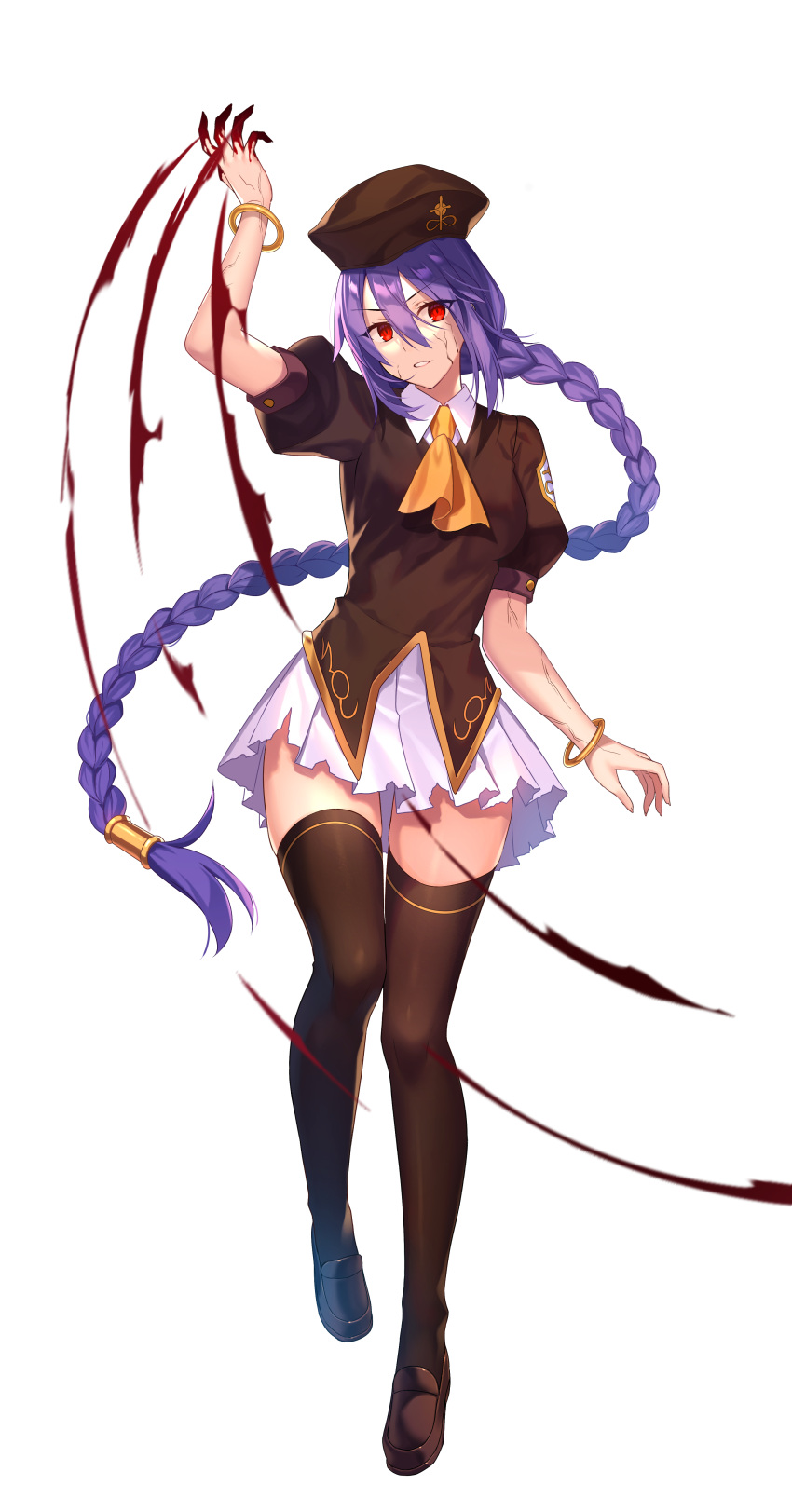 1girl absurdres beret blood bracelet braid breasts full_body fuyuki_(neigedhiver) hair_between_eyes hat highres jewelry loafers long_hair melty_blood parted_lips pleated_skirt puffy_sleeves purple_hair red_eyes shoes simple_background sion_eltnam_atlasia skirt solo thigh-highs tsukihime very_long_hair white_background
