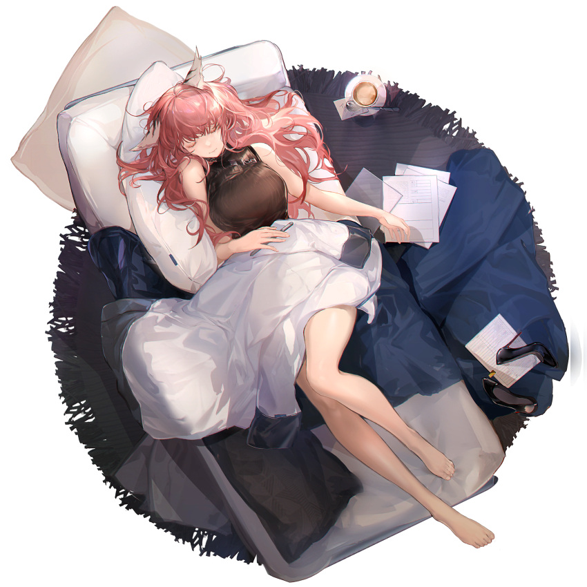 1girl animal_ears bare_shoulders barefoot black_footwear breasts closed_eyes coat coat_removed coffee coffee_cup couch cup disposable_cup from_above full_body game_cg girls'_frontline_neural_cloud girls_frontline high_heels highres labcoat large_breasts legs lying official_art on_back on_couch paper pen persicaria_(girls'_frontline_nc) pillow pink_hair ribbed_sweater shoes shoes_removed sleeping sleeveless sleeveless_sweater solo sweater transparent_background