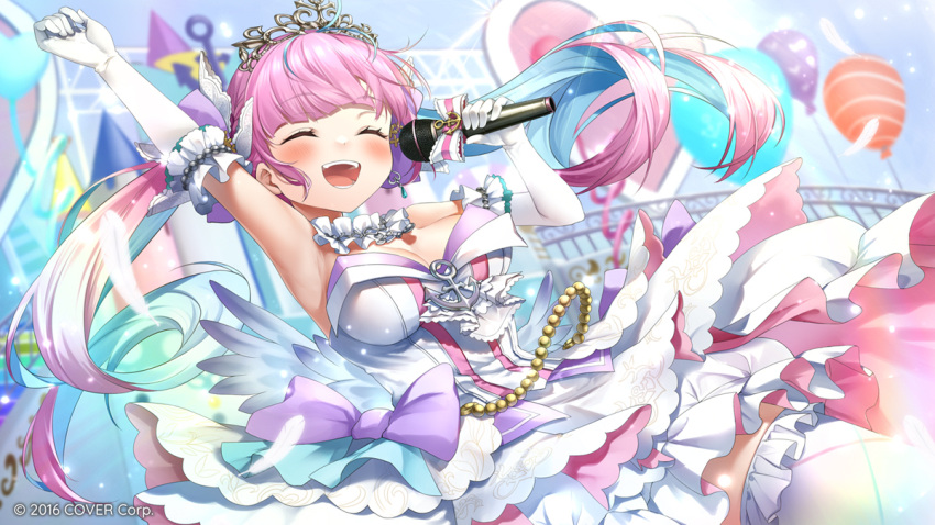 1girl :d arm_up armpits balloon bangs blue_hair blush breasts closed_eyes colored_inner_hair commentary_request day detached_collar dress drill_hair elbow_gloves eyebrows_visible_through_hair feathers floating_hair frilled_legwear gloves holding holding_microphone hololive kito_koruta large_breasts long_hair microphone minato_aqua multicolored_hair official_art outdoors pink_hair smile solo strapless strapless_dress thigh-highs tiara twin_drills twintails very_long_hair virtual_youtuber white_dress white_gloves white_legwear