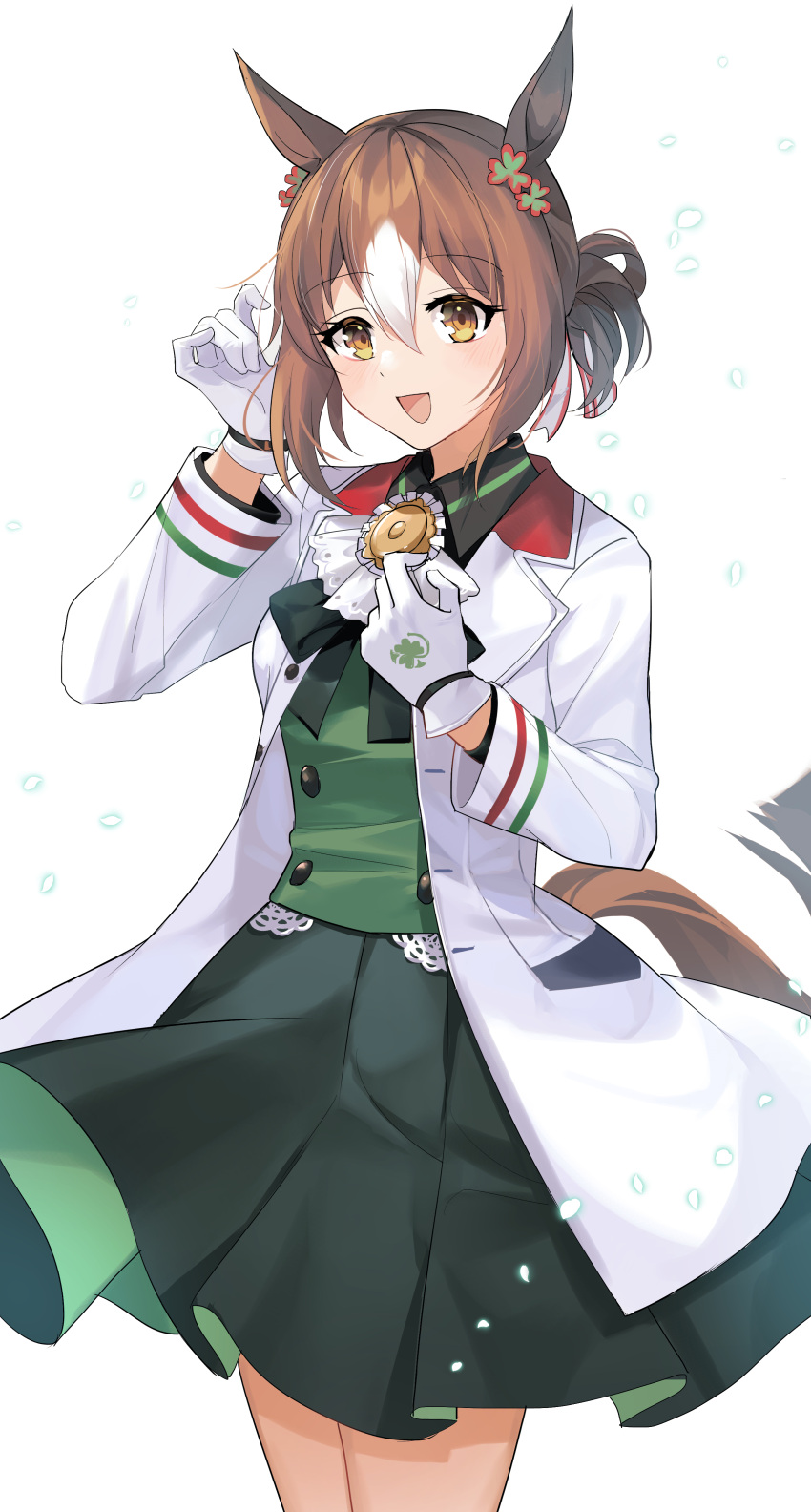 1girl absurdres akitsuki_(oenothera) animal_ears blush brown_eyes brown_hair eyebrows_visible_through_hair fine_motion_(umamusume) gloves green_skirt hair_between_eyes highres horse_ears horse_girl horse_tail jacket long_sleeves multicolored_hair open_clothes open_jacket open_mouth pleated_skirt short_hair skirt smile solo tail two-tone_hair umamusume white_background white_gloves white_hair white_jacket