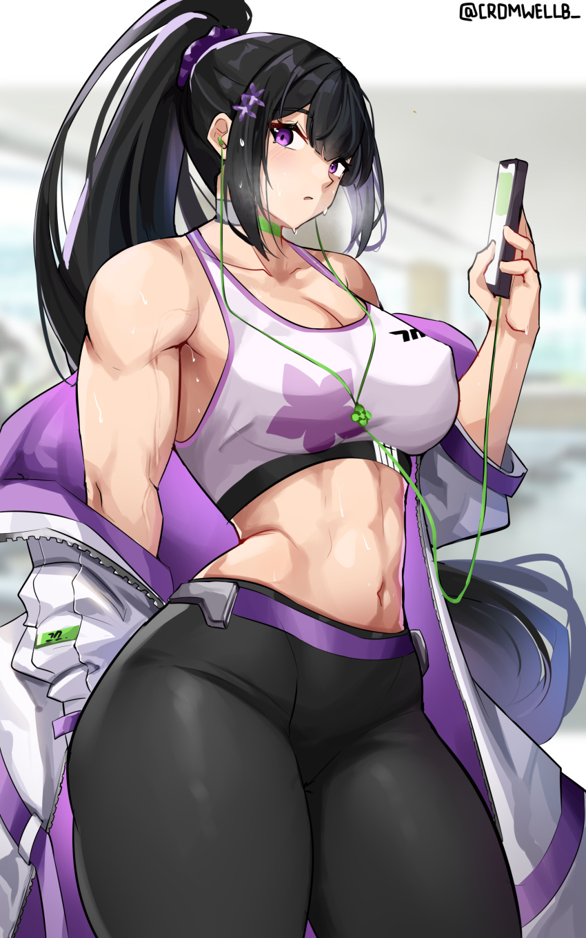 1girl absurdres bangs black_hair black_pants blue_archive breasts cromwellb earphones highres jacket large_breasts long_hair long_sleeves looking_at_viewer muscular muscular_female navel off_shoulder open_clothes open_jacket pants ponytail sidelocks solo sports_bra standing sumire_(blue_archive) very_long_hair violet_eyes white_jacket white_sports_bra yoga_pants