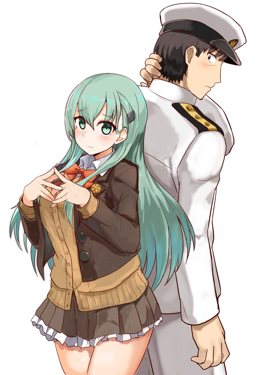 1boy 1girl absurdres admiral_(kancolle) black_eyes black_hair blouse blush breasts brown_cardigan brown_skirt cardigan closed_mouth cowboy_shot eyebrows_visible_through_hair green_eyes green_hair hair_between_eyes hair_ornament hairclip hat highres kantai_collection large_breasts long_hair long_sleeves military military_uniform naval_uniform neck_ribbon okitsugu open_cardigan open_clothes peaked_cap pleated_skirt red_ribbon ribbon school_uniform short_hair simple_background skirt suzuya_(kancolle) uniform white_background white_blouse white_headwear