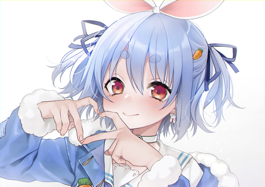 1girl absurdres animal_ears bangs blue_hair blue_jacket blue_ribbon blush choker closed_mouth commentary_request dancho_(dancyo) dress eyebrows_visible_through_hair fur-trimmed_jacket fur-trimmed_sleeves fur_trim gradient gradient_background grey_background hair_between_eyes hair_ribbon hands_up heart heart_hands highres hololive jacket long_sleeves looking_at_viewer off_shoulder open_clothes open_jacket rabbit_ears red_eyes ribbon short_eyebrows short_hair smile solo thick_eyebrows upper_body usada_pekora virtual_youtuber white_background white_choker white_dress