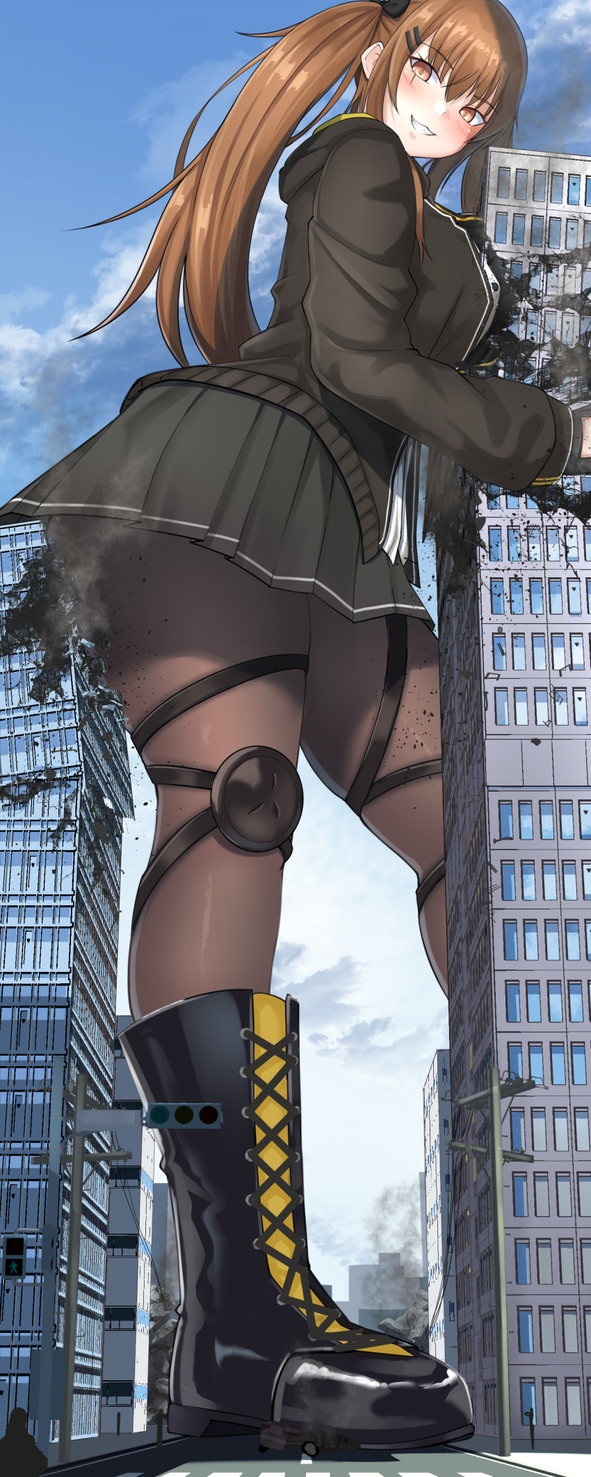 1girl absurdres black_jacket black_skirt blush boots breasts brown_hair car city clouds cross-laced_footwear day destruction giant giantess girls_frontline grin ground_vehicle highres jacket lace-up_boots lien long_hair long_sleeves looking_at_viewer medium_breasts motor_vehicle outdoors pleated_skirt scar scar_on_face skirt smile solo striped striped_skirt thigh_strap twintails two-tone_footwear ump9_(girls'_frontline)