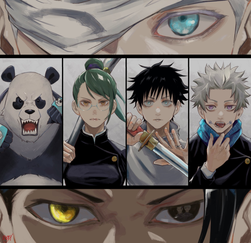 0da7rizm 1girl 4boys animal bandage_over_one_eye bangs black_eyes black_hair black_jacket blue_eyes blue_scarf brown_eyes closed_mouth facial_tattoo getou_suguru glasses gojou_satoru green_hair grey_hair hand_up heterochromia high_ponytail highres holding holding_polearm holding_sword holding_weapon inumaki_toge jacket jewelry jujutsu_kaisen katana long_hair multiple_boys okkotsu_yuuta one_eye_covered open_mouth panda panda_(jujutsu_kaisen) polearm ring scarf short_hair swept_bangs sword tattoo teeth violet_eyes weapon white_jacket yellow_eyes zen'in_maki