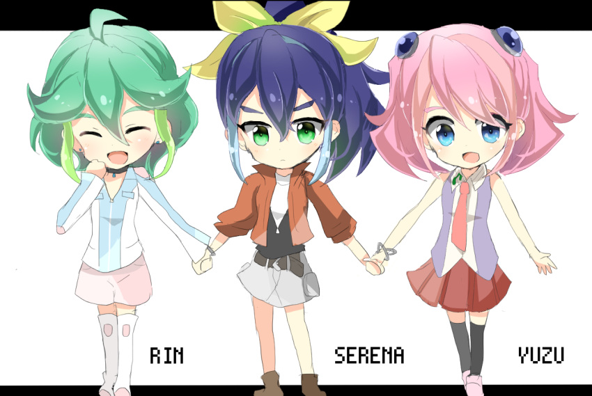 3girls ahoge blue_hair bracelet_girls dress dressing green_hair hamu_(pixiv) high_ponytail hiiragi_yuzu multicolored_hair pink_hair ponytail rin_(yuu-gi-ou_arc-v) serena_(yuu-gi-ou_arc-v) short_twintails yu-gi-oh! yu-gi-oh!_arc-v yuu-gi-ou yuu-gi-ou_arc-v