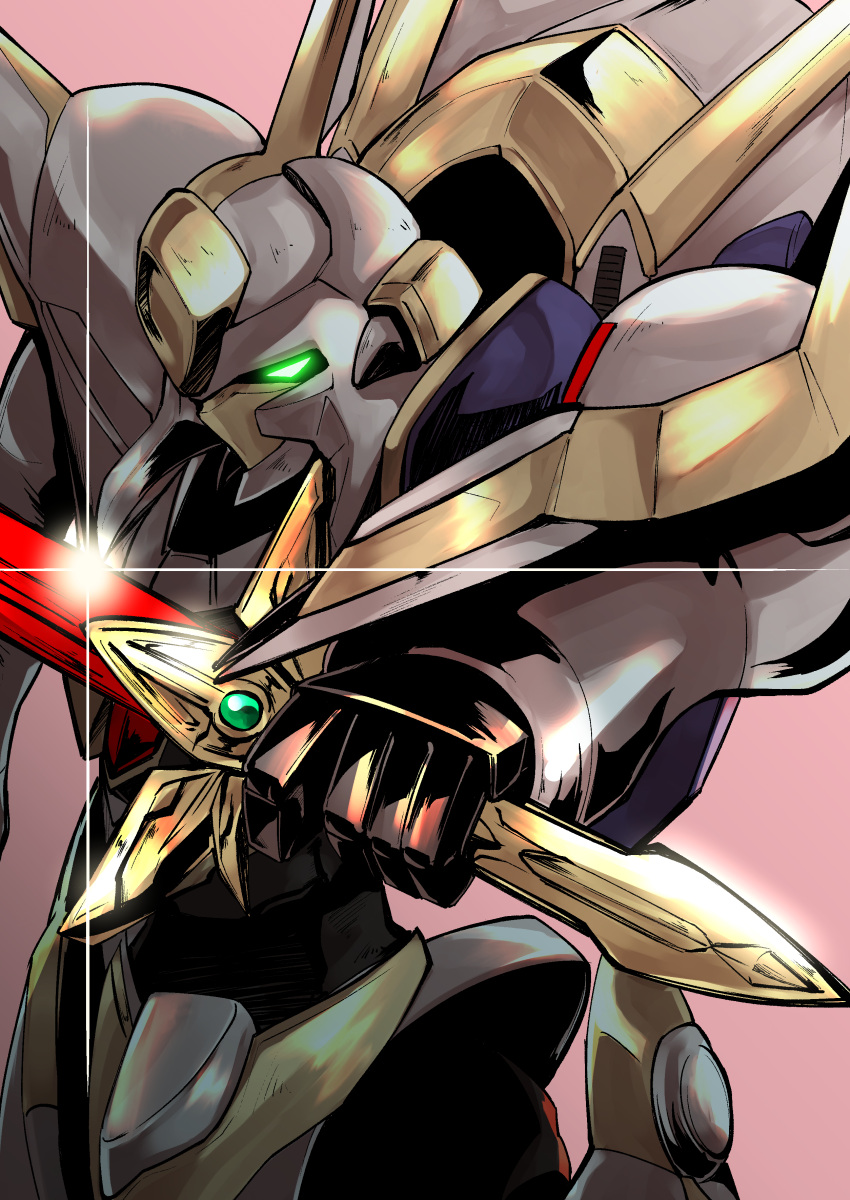 clenched_hand code_geass code_geass:_fukkatsu_no_lelouch dutch_angle explosion fujimoto_kanna glowing glowing_eye highres knightmare_frame lancelot_(code_geass) lancelot_sin looking_ahead mecha no_humans science_fiction solo