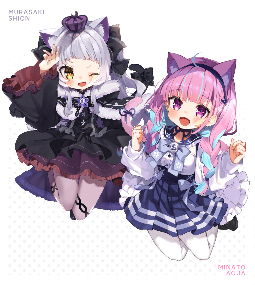 2girls ;d absurdres animal_ear_fluff animal_ears arm_up bangs black_bow black_capelet black_dress black_ribbon blue_bow blue_bowtie blue_hair blue_sailor_collar blue_skirt blush bow bowtie braid capelet cat_ears cat_girl cat_tail commentary_request crown dress fangs frilled_dress frilled_sleeves frills fur-trimmed_capelet fur_trim hair_ribbon highres hololive jacket long_hair long_sleeves looking_at_viewer minato_aqua multiple_girls murasaki_shion noi_mine one_eye_closed pantyhose pink_hair ribbon sailor_collar shirt short_eyebrows silver_hair simple_background skin_fangs skirt smile tail tail_bow tail_ornament twin_braids twintails violet_eyes virtual_youtuber white_jacket white_shirt wide_sleeves yellow_eyes