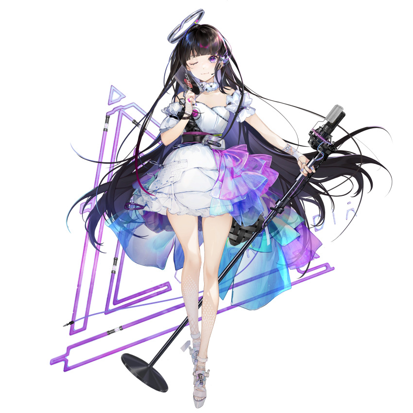 1girl bare_shoulders brown_hair dress earpiece frilled_dress frills full_body game_cg girls'_frontline_neural_cloud girls_frontline halo highres holding holding_microphone_stand holding_record legs long_hair looking_at_viewer microphone microphone_stand nail_polish nanaka_(girls'_frontline_nc) official_art one_eye_closed purple_nails record sandals smile solo transparent_background very_long_hair violet_eyes white_dress