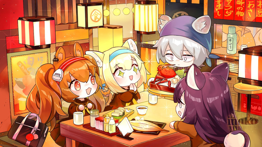 +_+ 1boy 3girls :d angelina_(arknights) animal_ear_fluff animal_ears arknights bag bangs blonde_hair braid brown_hair brown_sailor_collar brown_serafuku brown_shirt brown_skirt chibi closed_mouth commentary_request drooling eyebrows_visible_through_hair food fox_ears fox_girl fox_tail green_eyes grey_eyes grey_hair hair_between_eyes hair_rings hairband indoors jaye_(arknights) lobster long_hair long_sleeves multiple_girls neckerchief palms_together pleated_skirt profile purple_hair red_eyes red_hairband revision saga_(arknights) sailor_collar saliva school_bag school_uniform serafuku shirt skirt smile stool striped striped_hairband suzuran_(arknights) table tail very_long_hair watermark yellow_neckerchief zhaitengjingcang