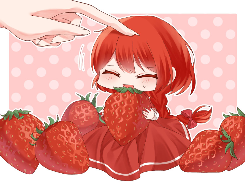 1girl braid dress fingernails food fruit highres holding holding_food holding_fruit long_fingernails long_hair milll_77 minigirl okazaki_yumemi open_mouth polka_dot polka_dot_background ponytail red_dress redhead short_hair single_braid smile solo_focus strawberry sweatdrop touhou touhou_(pc-98)