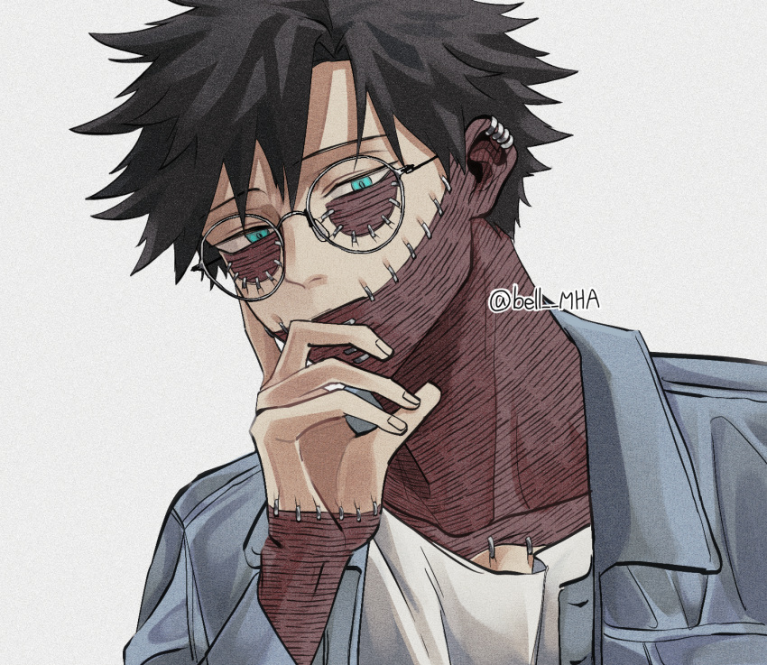 1boy bell_mha black_hair blue_eyes boku_no_hero_academia burn_scar dabi_(boku_no_hero_academia) ear_piercing eye_contact glasses hand_on_own_face highres jacket looking_at_another looking_at_viewer male_focus piercing scar shirt short_hair stapled white_background