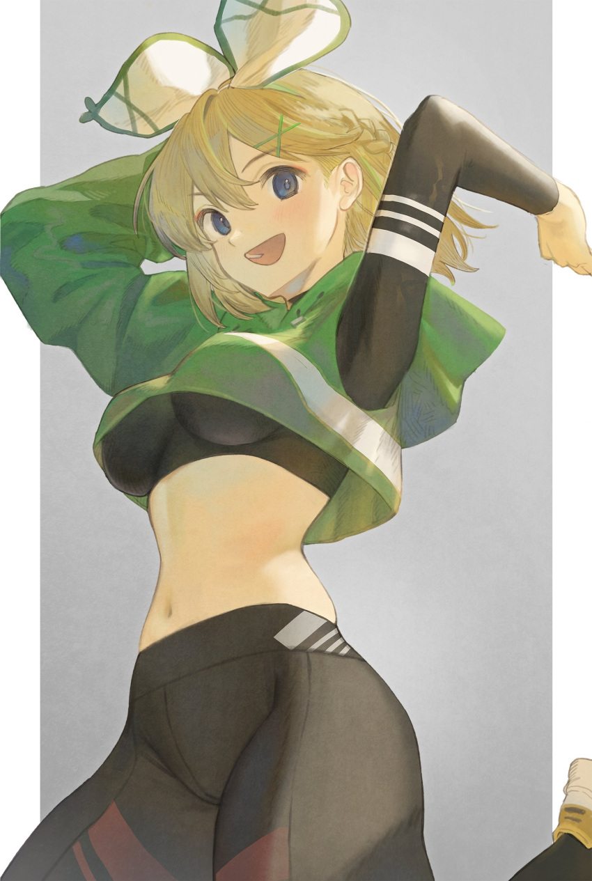 1girl arms_up asymmetrical_clothes bangs black_pants blonde_hair blue_eyes bow braid breasts commission crop_top french_braid fujie-yz hair_between_eyes hair_bow hair_ornament highres hood hood_down long_sleeves medium_breasts midriff navel open_mouth original pants short_hair simple_background skeb_commission solo two-tone_background under_boob x_hair_ornament
