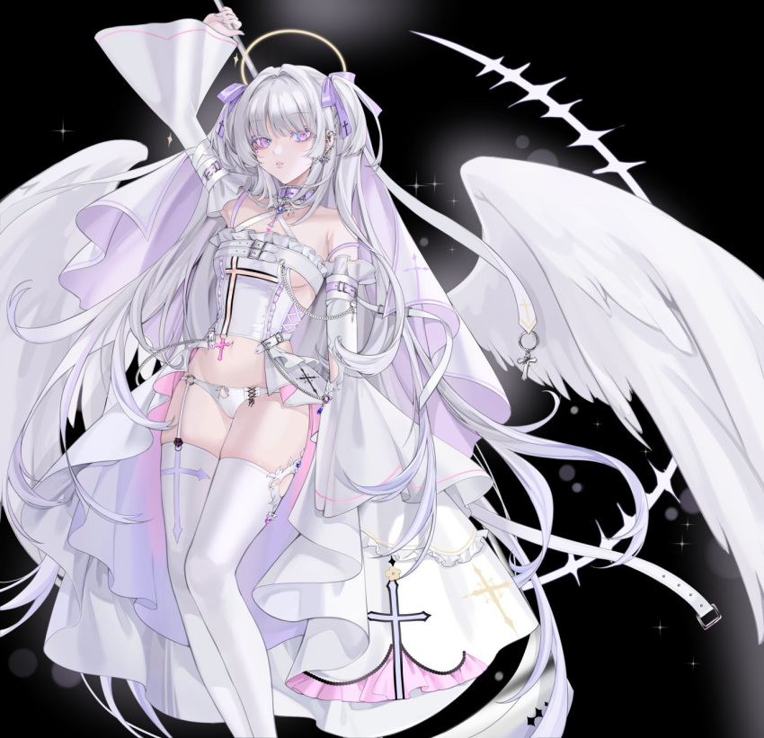 1girl angel angel_wings black_background bow chain corset cross cross-laced_clothes cross-laced_panties ear_piercing eyebrows_visible_through_hair frilled_corset gradient_hair hair_intakes halo highres latin_cross light_purple_hair long_hair multicolored_hair o-ring o-ring_bottom o-ring_panties original panties piercing pink_eyes purple_bow saga666 simple_background sparkle thigh-highs underwear very_long_hair violet_eyes white_hair white_legwear white_panties wings