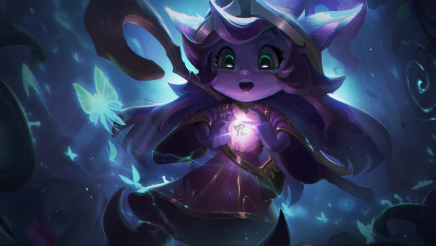 1girl backlighting bangs colored_skin dress english_commentary glowing green_eyes highres league_of_legends long_hair long_sleeves lulu_(league_of_legends) magic open_mouth pix purple_skin red_dress redhead shoes staff teeth upper_teeth vincent_t_(oriaarts) weapon weapon_on_back wide_sleeves yordle