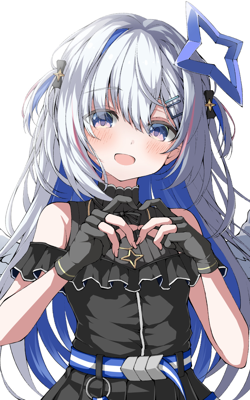1girl :d absent absurdres amane_kanata bangs bare_shoulders black_gloves black_shirt black_skirt blue_eyes blue_hair blush colored_inner_hair commentary eyebrows_visible_through_hair eyes_visible_through_hair gloves hair_between_eyes hair_ornament hairclip halo heart heart_hands highres hololive looking_at_viewer multicolored_hair partially_fingerless_gloves pink_hair pleated_skirt shirt silver_hair simple_background skirt smile solo star_halo streaked_hair two_side_up upper_body virtual_youtuber white_background
