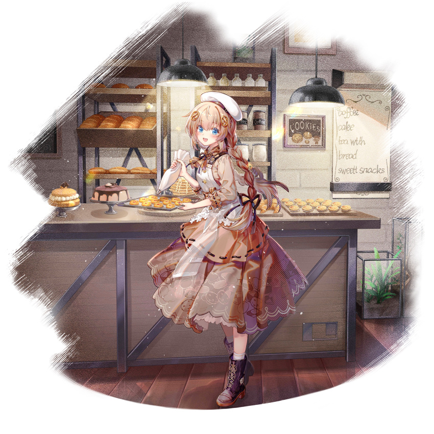1girl :d apron bakery baking blue_eyes boots braid bread brown_dress brown_hair cake cookie croissant dress english_text engrish_text fnc_(girls'_frontline) food full_body game_cg girls'_frontline_neural_cloud girls_frontline hair_ornament hat highres holding holding_tray light_blush long_hair looking_at_viewer official_art open_mouth pastry_bag ranguage shop smile solo transparent_background tray twin_braids white_headwear