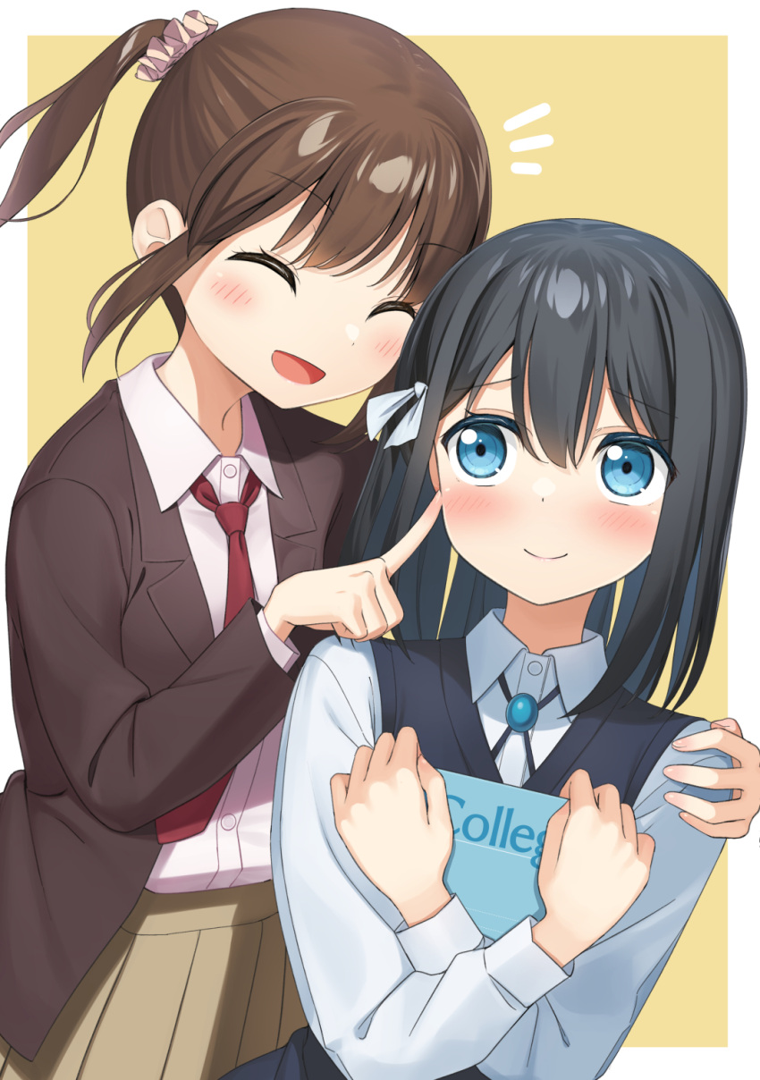 2girls :d ^_^ apollo_(hu_maple) bangs black_hair blazer blue_eyes blush brown_background brown_jacket brown_skirt closed_eyes closed_mouth collared_shirt commentary_request dress_shirt eyebrows_visible_through_hair hair_between_eyes hair_ornament hair_ribbon hair_scrunchie highres jacket long_hair multiple_girls necktie notice_lines object_hug open_clothes open_jacket original pleated_skirt red_necktie ribbon school_uniform scrunchie shirt side_ponytail skirt smile sweater_vest two-tone_background white_background white_ribbon white_scrunchie white_shirt