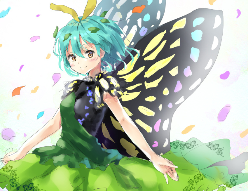 1girl animal_print antennae aqua_hair blush butterfly_print butterfly_wings closed_mouth dress eternity_larva eyebrows_visible_through_hair fairy floral_print green_dress hair_between_eyes leaf leaf_on_head multicolored_clothes multicolored_dress one-hour_drawing_challenge orange_eyes shironeko_yuuki short_hair single_strap smile solo touhou wings