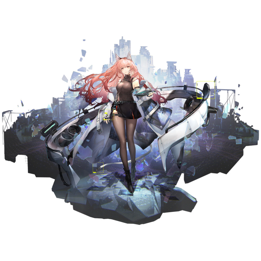 1girl animal_ears bare_shoulders belt black_footwear black_skirt boots breasts detached_sleeves full_body game_cg girls'_frontline_neural_cloud girls_frontline highres holding holding_tablet_pc labcoat large_breasts long_hair looking_at_viewer off_shoulder official_art persicaria_(girls'_frontline_nc) pink_eyes pink_hair ribbed_sweater skirt sleeveless sleeveless_sweater smile solo sweater tablet_pc thigh-highs transparent_background