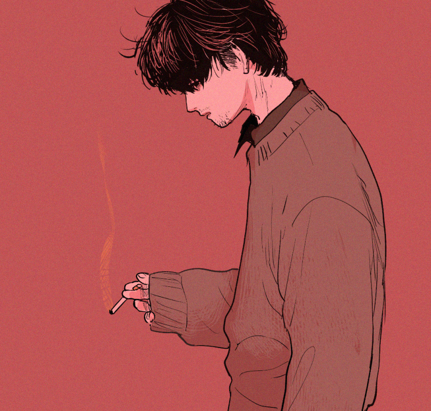 1boy character_request cigarette commentary copyright_request facial_hair from_side katsuoboshi limited_palette long_sleeves male_focus parted_lips profile short_hair sleeves_past_wrists smoking solo stubble sweater upper_body