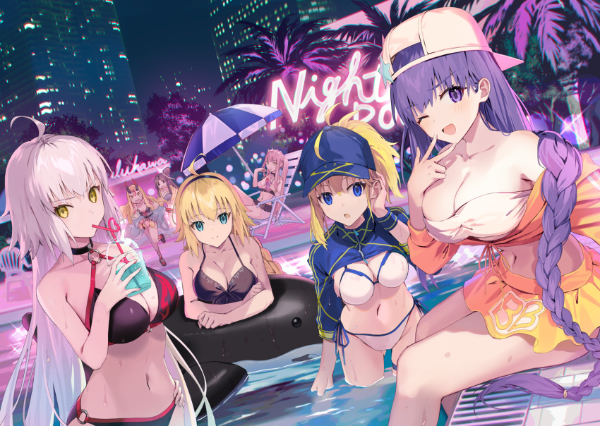 6+girls ahoge artoria_pendragon_(fate) baseball_cap bb_(fate) bb_(swimsuit_mooncancer)_(fate) bikini braid breasts chair cup disposable_cup drinking_straw fate/grand_order fate_(series) hairband hat highres horns ibaraki_douji_(fate) ibaraki_douji_(swimsuit_lancer)_(fate) inflatable_orca inflatable_toy jeanne_d'arc_(alter_swimsuit_berserker)_(fate) jeanne_d'arc_(fate) jeanne_d'arc_(swimsuit_archer)_(fate) large_breasts long_hair lounge_chair medb_(fate) medb_(swimsuit_saber)_(fate) mocha_(mokaapolka) multiple_girls mysterious_heroine_xx_(fate) neon_lights night one_eye_closed palm_tree parasol ponytail pool revision smile swimsuit tree umbrella ushiwakamaru_(fate) ushiwakamaru_(swimsuit_assassin)_(fate) wet