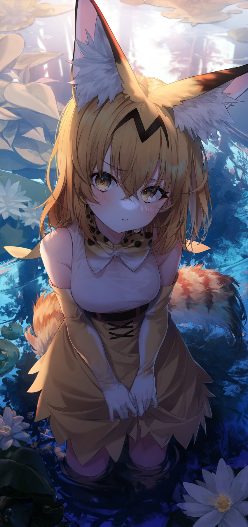 1girl absurdres animal_ear_fluff animal_ears bangs bare_shoulders blonde_hair blush bow bowtie commentary elbow_gloves eyebrows_visible_through_hair flower gloves hair_between_eyes head_tilt high-waist_shorts highres kemono_friends lily_pad lo-ta nature pond pout print_bow print_bowtie serval_(kemono_friends) serval_print shirt skirt skirt_hold sleeveless sleeveless_shirt solo symbol-only_commentary tail wading water water_lily_flower white_shirt yellow_eyes yellow_skirt