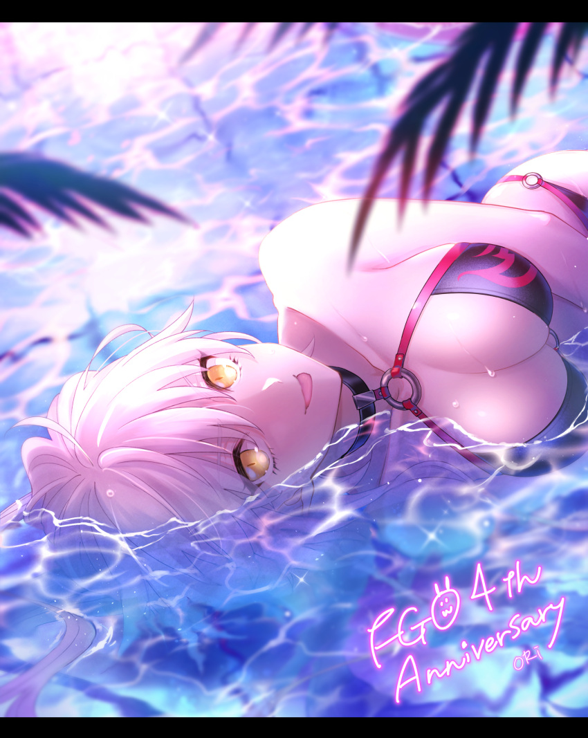 1girl bangs banned_artist bikini fate/grand_order fate_(series) highres jeanne_d'arc_(alter)_(fate) jeanne_d'arc_(alter_swimsuit_berserker)_(fate) jeanne_d'arc_(fate) looking_at_viewer lying open_mouth orii_(orii_i) pool reflection short_hair silver_hair smile solo swimsuit water yellow_eyes