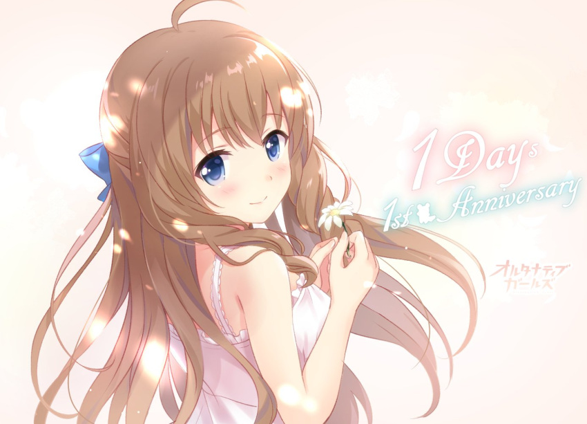1girl ahoge alternative_girls anniversary arimura_shion bare_arms blue_eyes brown_hair closed_mouth countdown daisy dress eyebrows_visible_through_hair flower holding holding_flower long_hair looking_at_viewer looking_back official_art sleeveless sleeveless_dress smile solo white_dress