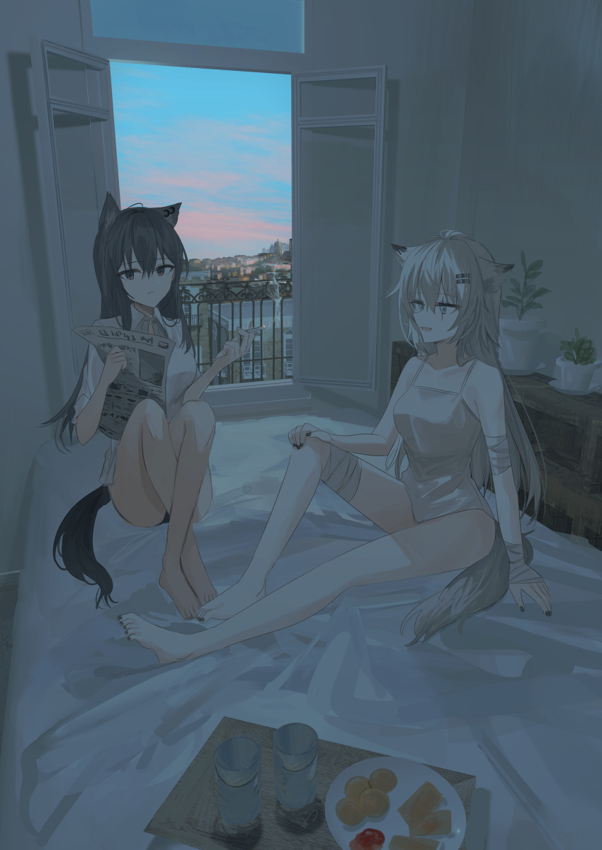 2girls absurdres arknights bandaged_leg bandages bare_arms bare_shoulders bed black_nails black_panties blue_sky breasts chihuri cigarette cityscape clouds collared_shirt crossed_legs cup day dress dress_shirt drinking_glass food highres holding holding_cigarette indoors knees_up lappland_(arknights) medium_breasts multiple_girls nail_polish newspaper on_bed open_window panties plant plate potted_plant shirt sky sleeveless sleeveless_dress smoke texas_(arknights) toenail_polish toenails tray underwear white_dress white_shirt window