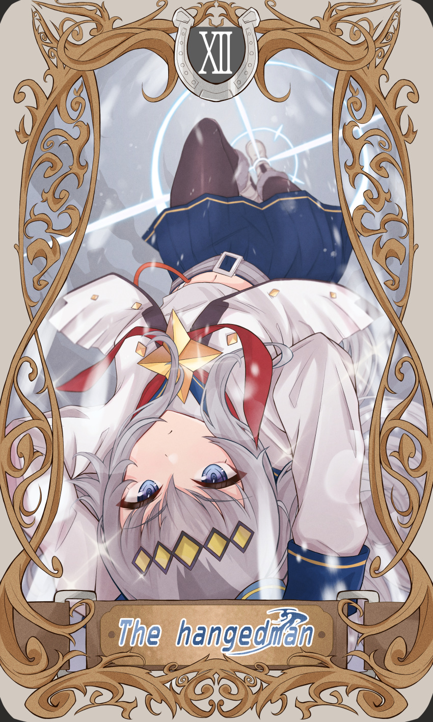 1girl absurdres animal_ears arms_up bangs blue_eyes discharge_mochi english_text eyebrows_visible_through_hair grey_hair hair_horns highres horse_ears horse_girl long_hair midriff navel oguri_cap_(umamusume) roman_numeral sailor_collar sailor_shirt shirt skirt solo tarot the_hanged_man_(tarot) umamusume upside-down